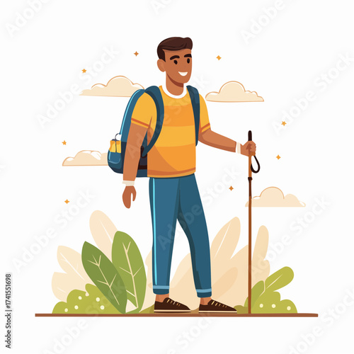 Hiker with backpack and trekking pole in nature