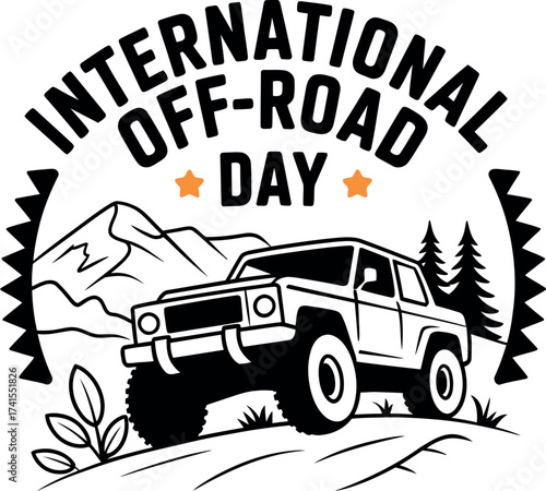 Vector art of celebrate international offroad day with a rugged vehicle conquering mountain