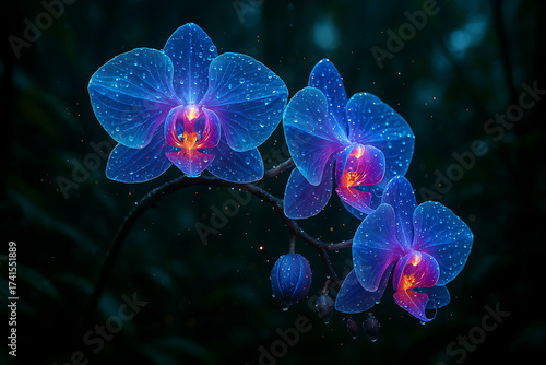 Glowing orchids with water droplets in a dark mystical forest, luminous petals in blue and pink bioluminescent light
