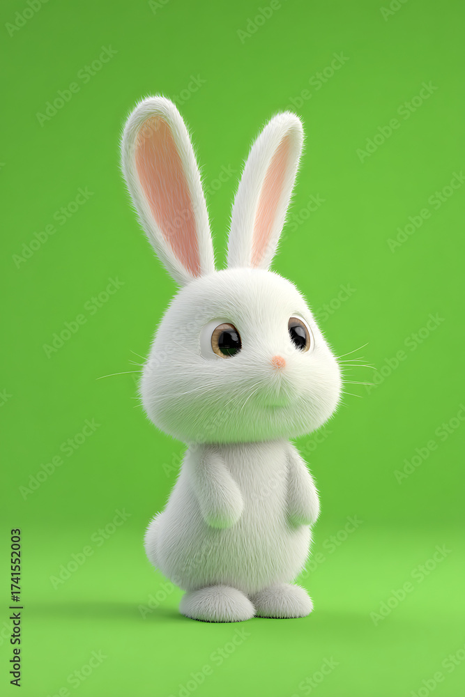 Obraz premium Cute white rabbit standing on a bright green background, showcasing its fluffy fur and playful demeanor