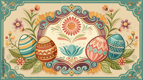 Easter holiday vector card template, ornate floral border, decorative eggs illustration, vintage Victorian frame, pastel background, center blank for seasonal message, elegant festive poster for 