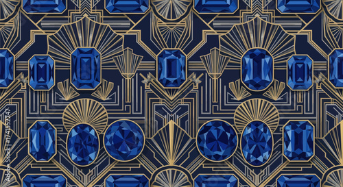 Gemstone & geometric art deco pattern with gold lines on navy background. Seamless