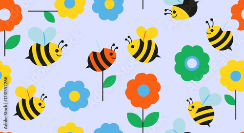 Playful seamless pattern with cartoon bees and colorful flowers on a light blue background