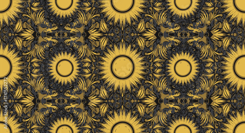Repeat pattern of golden circles with spiked edges & symmetrical dark grey floral elements