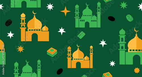 Geometric Islamic pattern mosque, stars, dates, pastry on green