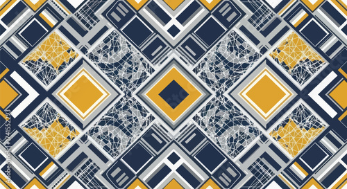 Geometric pattern featuring diamonds, squares, lines, and chaotic scribbles in blue, gray, white and mustard