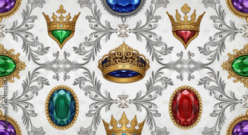 Ornate crowns and jewel pattern with scrolls on white backdrop