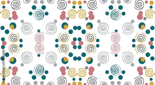 Quirky, colorful pattern with spirals and dots on a white backdrop