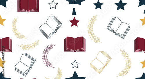 Graduation-themed pattern with books, stars, laurels, and mortarboards