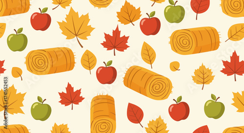 Fall seamless pattern hay bales, apples, colored leaves on beige