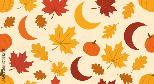 Autumn leaves, pumpkins, and crescents on a light background