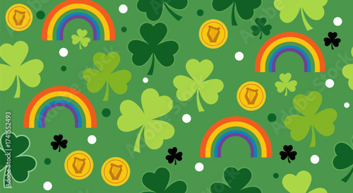 Green background pattern w/ clovers, rainbows, gold coins & dots