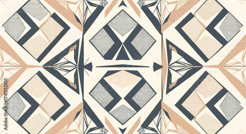 Symmetrical geometric shapes in beige, blue-grey, and white create a kaleidoscope-like abstract pattern