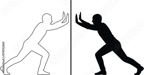 Two figures pushing against a dividing line in silhouette and outline isolated on white background