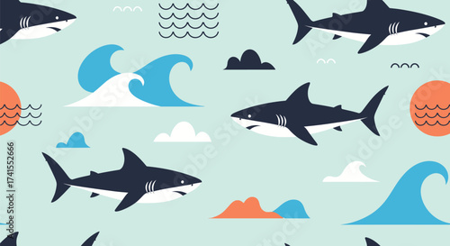 Pattern of stylized sharks, waves, and sun on a light blue background