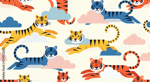 Colorful stylized tigers, clouds pattern on pale background