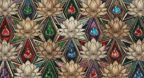 Lotus pattern with gems in geometric frames