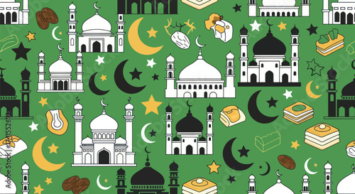 Green background pattern of moons, stars, mosques, dates, and sweets