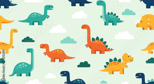 Childlike dinosaur pattern on a pale green background with clouds