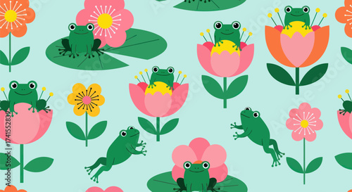 Playful pattern stylized green frogs among pink, orange, & yellow flowers, on a light blue background