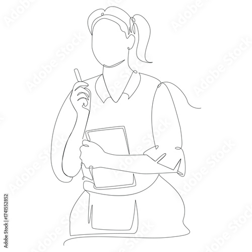 Single line drawing of a woman holding a tablet and a pen one line drawing continuous line