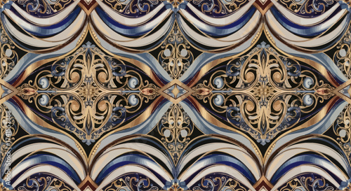 Ornate pattern with golden filigree, curved ribbons on dark background