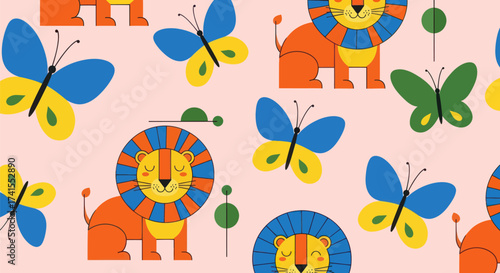 Whimsical lions and butterflies on a light pink background