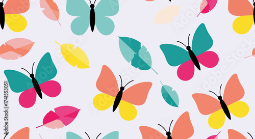 Colorful flat-design butterflies and leaves scattered on light grey