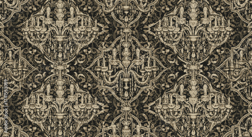 Ornate wallpaper featuring chandelier repeats, sepia tones