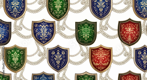 Shield pattern blue, green, red emblems with bead chains on white