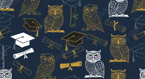 Owls, diplomas, and grad caps in a seamless navy, gold, and white pattern