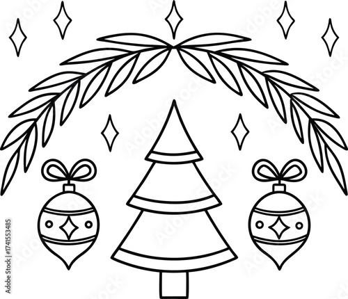 Christmas tree and ornaments silhouette with festive branches and stars