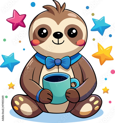 Cute cartoon sloth wearing a bow tie holding a cup of coffee