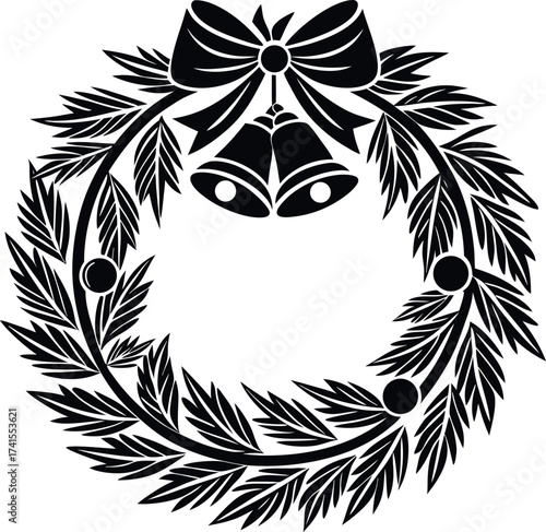 Elegant christmas wreath with bells and bow silhouette