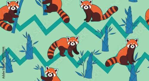 Cartoon red panda pattern with blue bamboo shoots on green backdrop