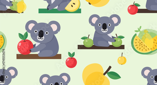 Flat design pattern of koalas and fruits on a light green background