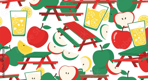 Picnic pattern with apples, sliced lemons, and juice on white. Summer, vibrant, flat design