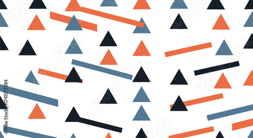 Tilted geometric pattern of orange, black, and blue triangles and rectangles on a white background