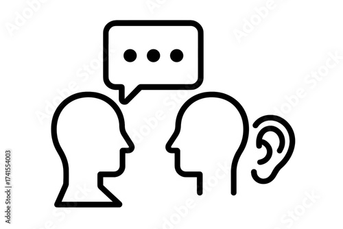 Active listening icon. Communication skill concept. Two heads dialogue. Empathy and understanding symbol. Listen and hear. Conversation, message, speech bubble vector illustration.