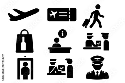 Travel and airport glyph icon collection. Vector symbols for flight, pilot, customs, security check, passport control, boarding pass, and duty free shopping. Infographic elements.