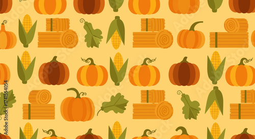 Seamless pattern of flat-style fall harvest icons on light tan