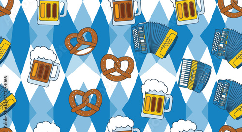 Bavarian pattern with beer mugs, pretzels, and accordions on blue diamond backdrop
