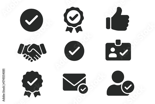 Approval and confirmation solid icon set. Contains icons like certified seal, thumbs up, agreement handshake, validation, and check mark. Vector pictograms for quality guarantee.