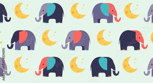 Repeating pattern of stylized elephants and crescent moons