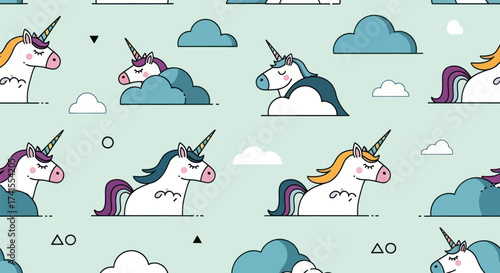 Pastel unicorn pattern with clouds and simple shapes on a light background