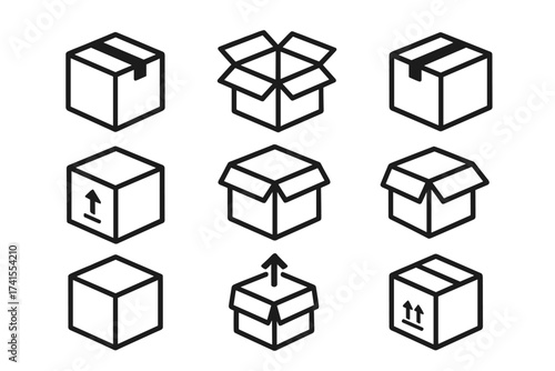 Box icon set for shipping, delivery, and logistics. Vector line art symbols for packaging and e-commerce. Open, closed, and sealed cardboard package pictogram collection.