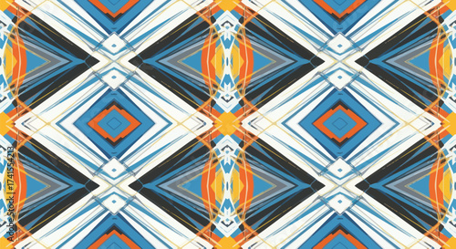 Diamond kaleidoscope pattern with blues, oranges, whites, and blacks