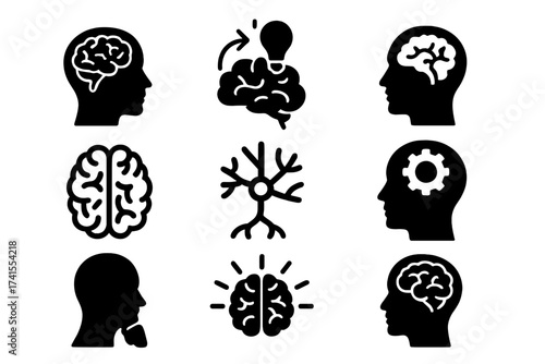 Brain icon set for psychology and mental health. Vector collection of mind, thinking, cognition, and intelligence symbols. Head silhouette, neuron, brainstorming, and creative idea icons.