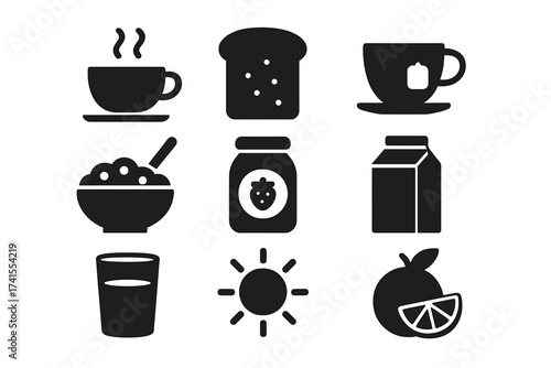 Breakfast food and drink solid glyph icon set. Vector collection of simple symbols for morning meal: coffee, tea, bread, jam, cereal, milk, orange juice. Minimalist pictogram.