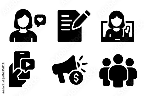Blogger and influencer solid glyph icon set. Icons for content creation, vlogging, social media marketing, community management, monetization, and audience engagement vector.